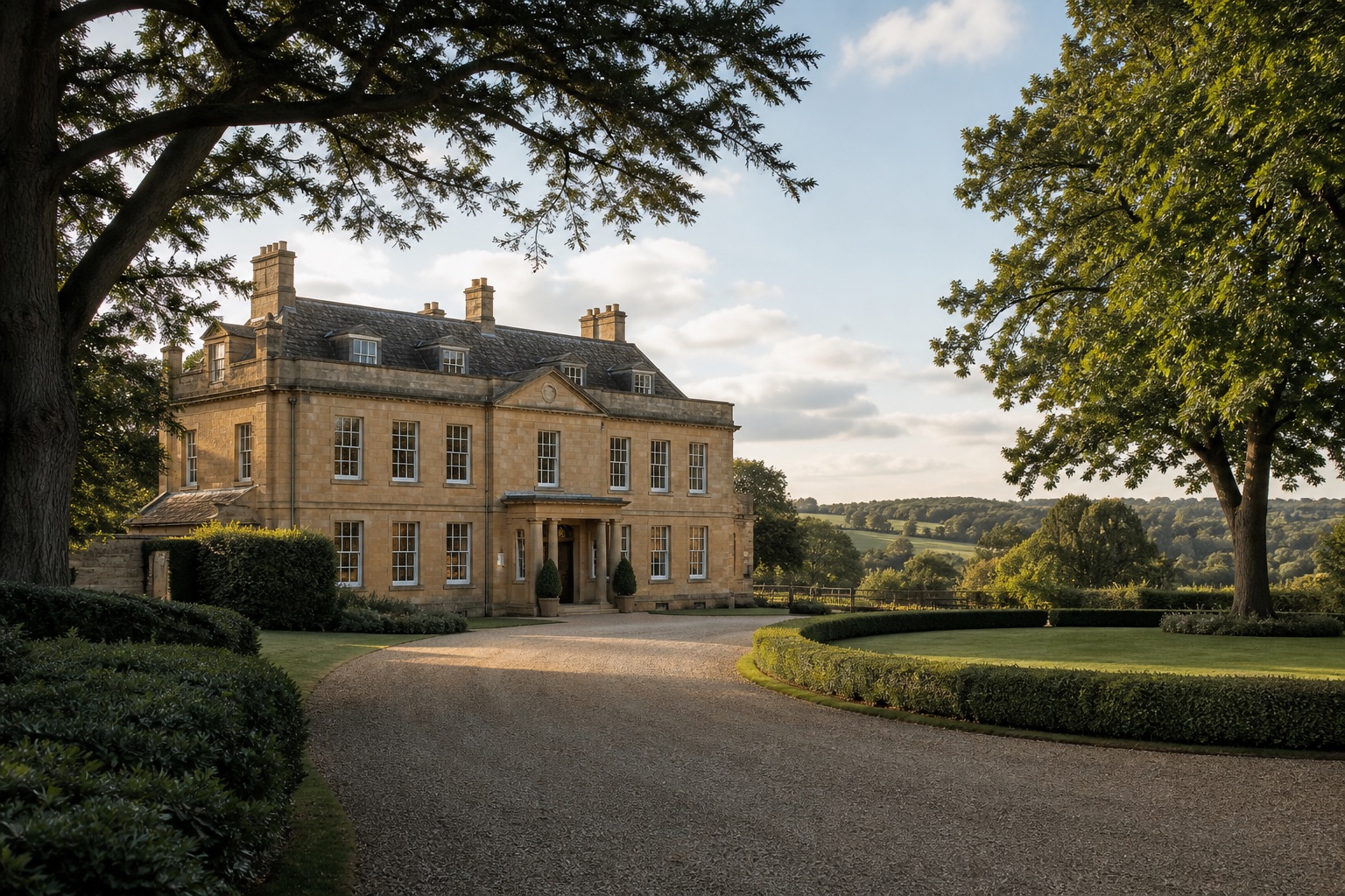 Georgian country house surrounded by mature trees and rolling countryside