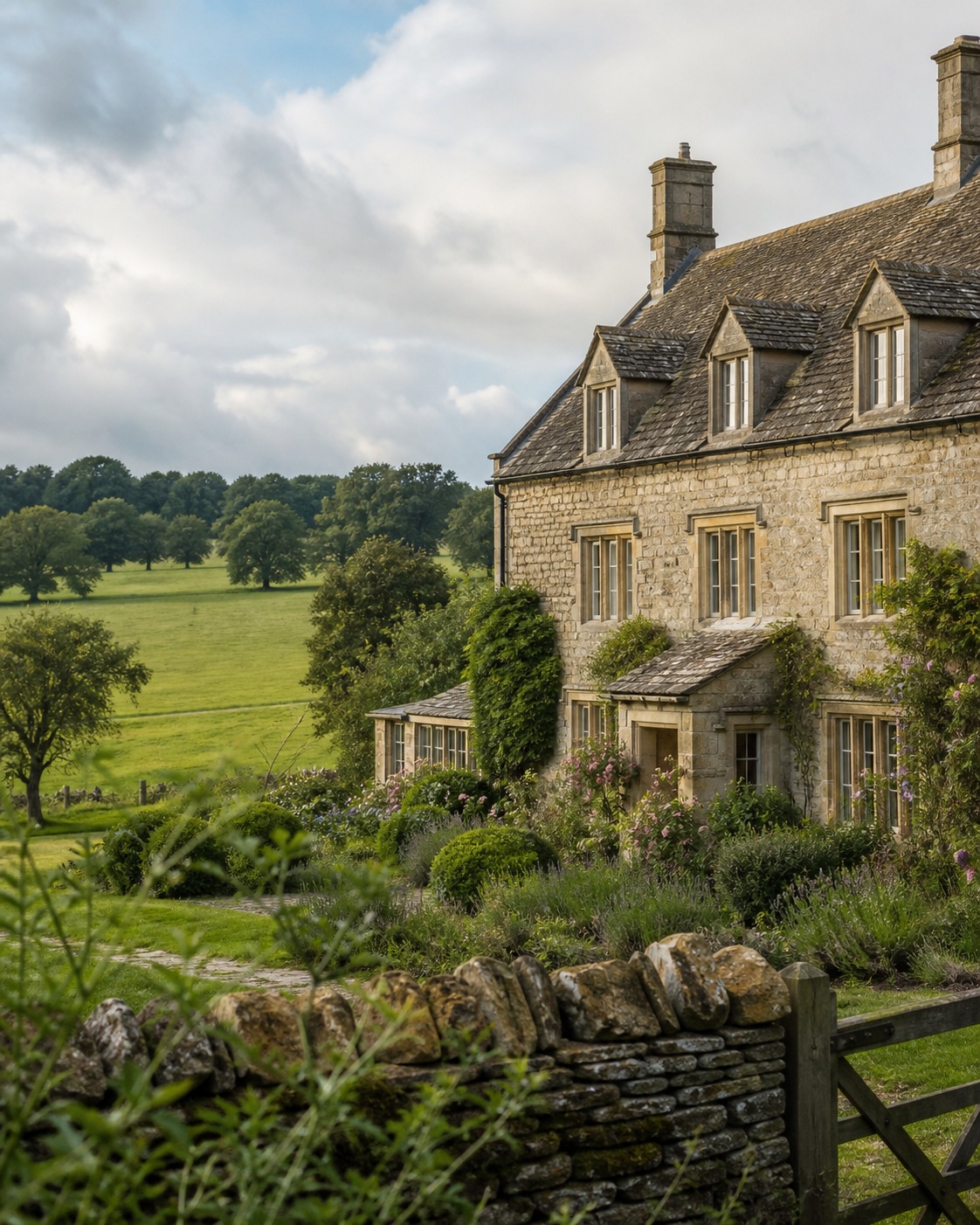Listed stone country home overlooking gardens and open pasture